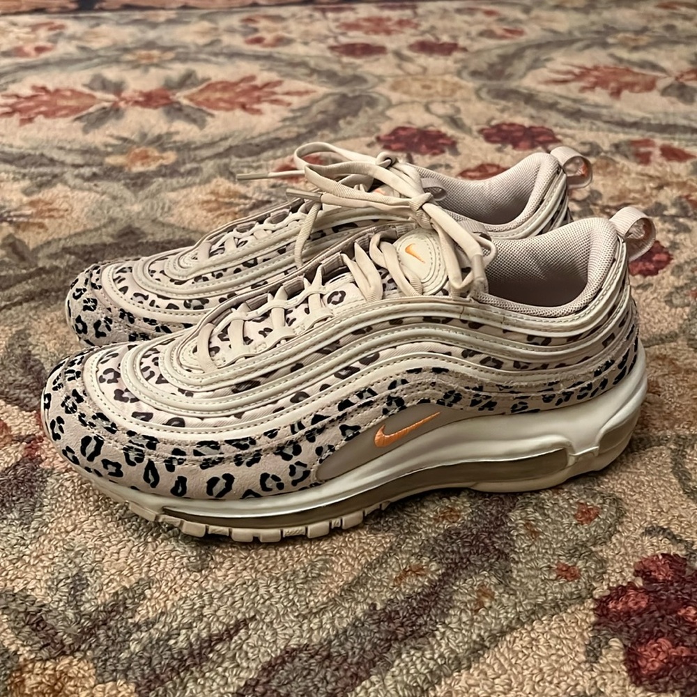 Nike Women's Air Max 97 Pale Pink Leopard Print with Orange Swoosh
